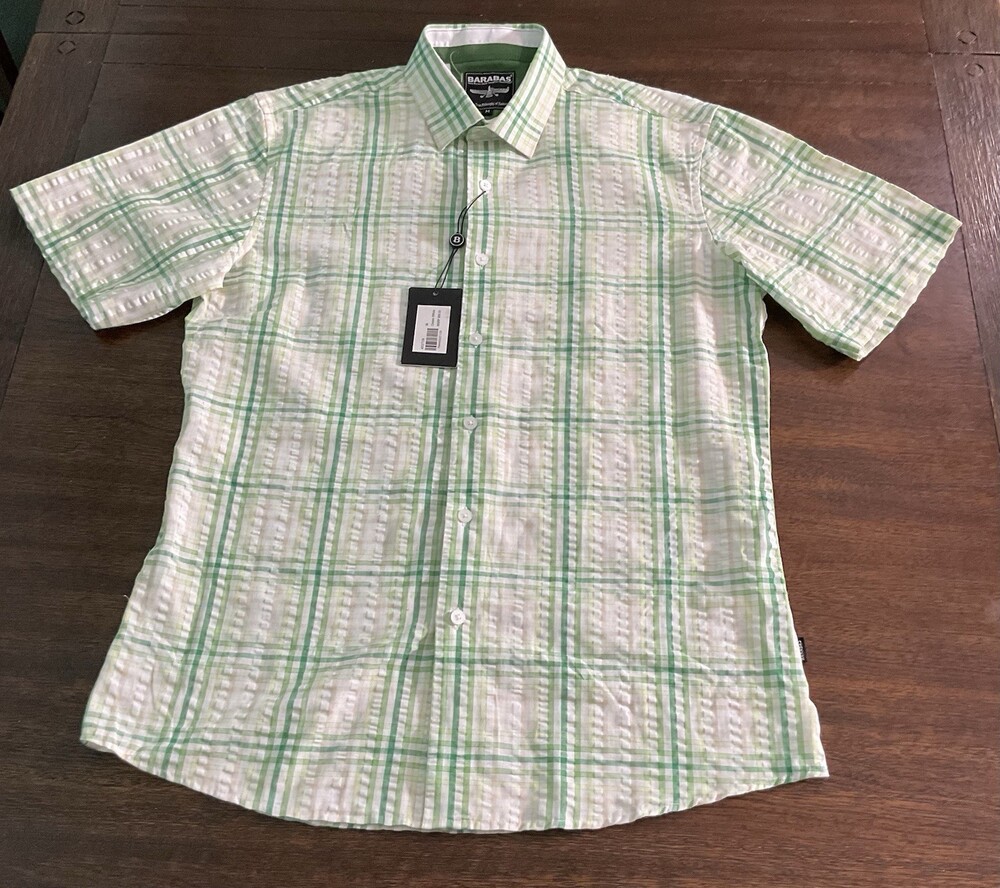 BARABAS-Men-s Size Mediun Button-Down-Short-Sleeve-Shirt Green White